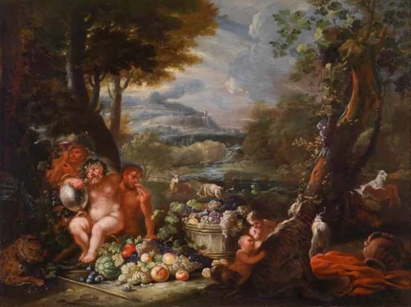 Sileno con satiri e animali accanto a un'esposizione di frutta in un paesaggio
